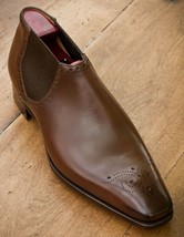 Men&#39;s Brown Color Medallion Toe Slip On Genuine Leather Handmade Shoes US 7-16 - £109.64 GBP