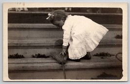 RPPC Adorable Little Girl With Broom Chore Time Sweep The Steps Postcard Q25 - £7.95 GBP