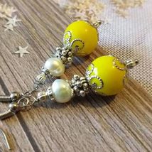 Victorian pearl Yellow silver earrings Boho Earrings Bohemian Earrings W... - $22.08 CAD