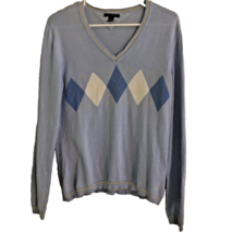 VTG Tommy Hilfiger Argyle V Neck Sweater Womens M Pullover 100% Cotton Baby Blue - £15.54 GBP