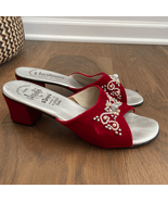 70s Amalfi by Rangoni Red Velvet Open Toe Mules Block Heel 7.5 Narrow - $55.55 CAD