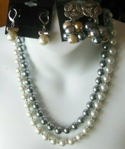 Vintage Double Strand Glass Pearl Necklace &amp; 2 Pair of Earrings - £66.19 GBP