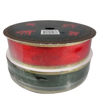 LOT OF 2 SEALED 55 YARDS RED GREEN PRINT WIRE EDGED 2 1/2&quot; RIBBON - £18.28 GBP