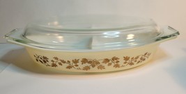 Pyrex Divided Oval Casserole Dish 1.5 Quart with Lid Golden Acorn Pattern - £29.39 GBP