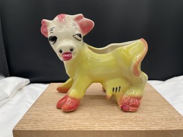 American Bisque Comical Yellow Pink Cow Planter Ceramic Vintage Bovine Cow - $14.52