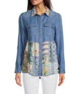 John Mark Embroidered Denim Print Tunic Patchwork Peplum Blouse BOHO Top L - $57.82