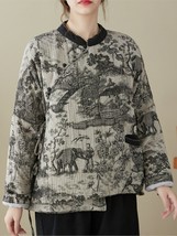 Retro Printing Women Parkas Cotton-padded Clothing Thick Irregular Long-sleeved  - £39.59 GBP