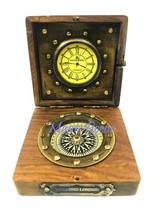 Antique Brass Wood Box Compass with Clock Maritime Antique - £29.78 GBP