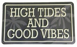 High Tide Good Vibes Metal Aluminum Sign 6x12&quot; Beach House Palm Trees Navy  - £23.40 GBP