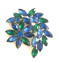 Vintage Blue Green Rhinestone Flower Brooch Pin Floral Costume Jewelry  - £43.49 GBP