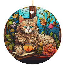 Cute Cat Book Stained Glass Colorful Wreath Christmas Ornament Gift Pet Lover - £11.90 GBP