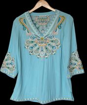 Soft Surroundings Blue River Island Top Size Medium Tunic Embroidered Aq... - $24.50