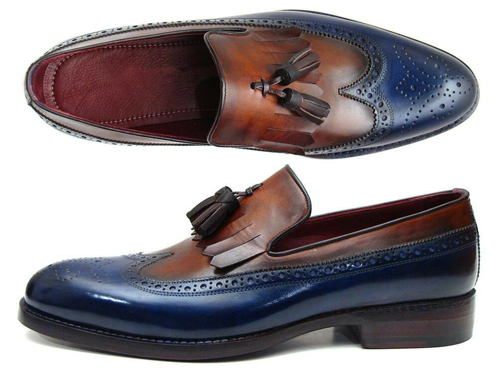 Two Tone Brown Blue Tassel Loafer Wing Tip Brogue Toe Real Leather Shoes US 7-16