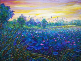 Original painting, acrylic paint on canvas, natural scenery, lotus field - $492.00
