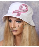 White Pink Ribbon Rhinestone Breast Cance Wig not included Bucket Hat Fa... - $19.95