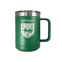 Gorman Irish Coat of Arms Stainless Steel Green Travel Mug with Handle - $28.00