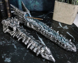 Dark Silver Dragon Fossil Skull Skeleton Incense Burner Box With Faux Crystals - £18.95 GBP