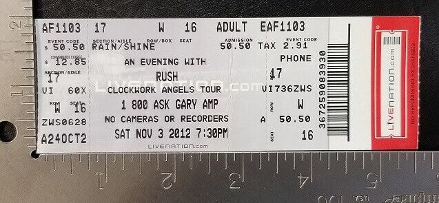 RUSH GEDDY LEE / NEIL PEART / ALEX LIFESON 2012 UNUSED WHOLE FULL CONCER... - $15.00