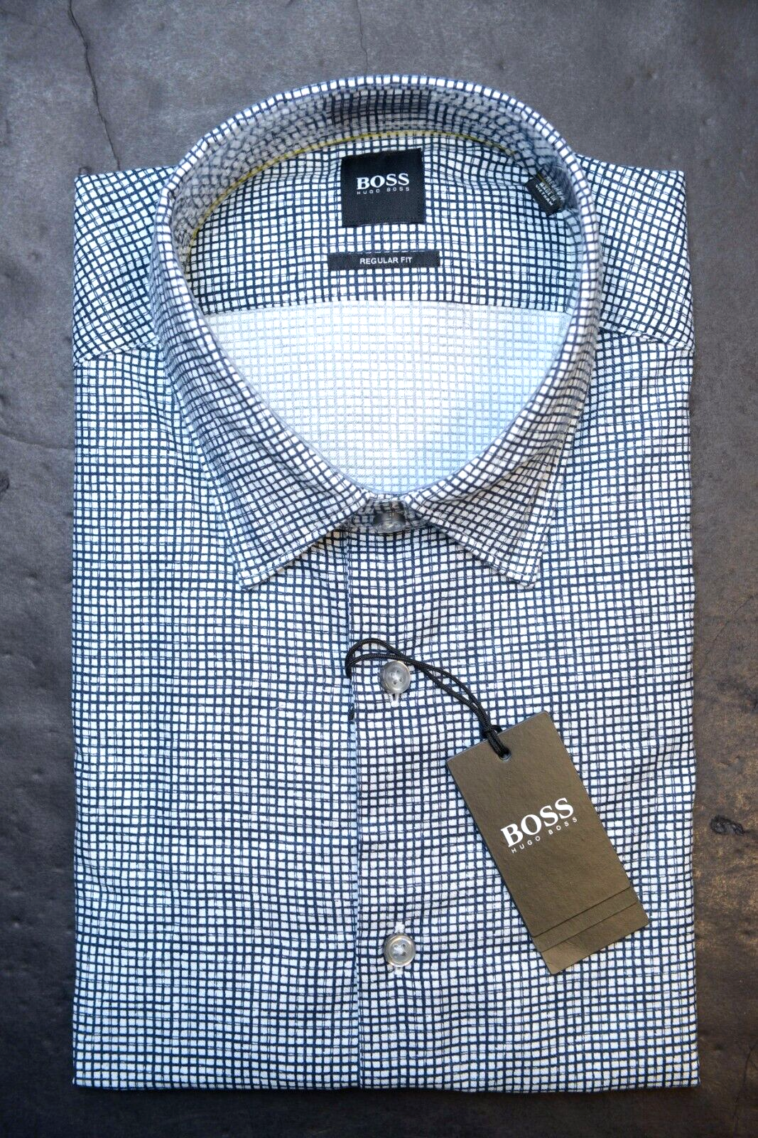 HUGO BOSS Hombre Lukas Corte Normal Azul Oscuro Cuadros Algodón Suave Ne... - $59.38