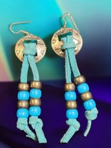 Vintage Southwestern Leather Concho Dangle Earrings Turquoise Beaded Boho - £21.57 GBP