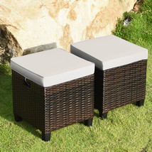 Set Of 2 Patio Wicker Rattan Ottoman Footrest Garden Outdoor W/ Cushion - £130.40 GBP