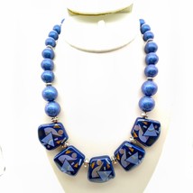 Blue Porcelain Bib Necklace, Lovely Vintage Beaded Strand with Ceramic Panels - $28.06