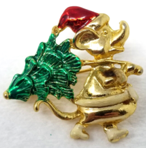 Christmas Mouse Dragging Christmas Tree Pin Gold Color Metal Red Green V... - $12.30