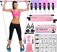 Pilates Bar Kit with 6 Adjustable Resistance Bands and Jump Rope 3 Section Yoga  - £45.50 GBP