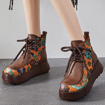 Genuine Leather Women Boots Retro Shoes New Autumn Winter Print Round Toe Lace-u - £81.01 GBP