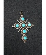 Vintage Zuni Sterling Silver Turquoise Petit Point Cross Pendant Southwe... - $40.80 CAD