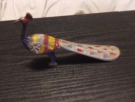 Vintage Solid Brass Etched Peacock Figurine With Red Jeweled Eyes Shoehorn 5.25&quot; - £19.70 GBP