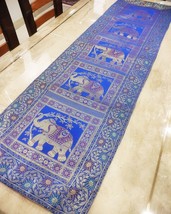 Handmade elephant design Blue gold Silk Table Runner Brocade boho tapestry decor - £19.21 GBP+