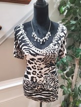 International Concepts Animal Print Black&amp;White Rayon Scoop Neck Pullover Top S - £18.38 GBP