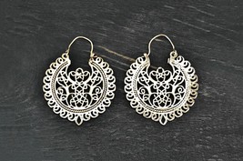 Ornate Indian Hoop Earrings, Boho Vintage Medallion Earrings, Silver Hoops Gypsy - £15.27 GBP