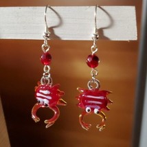 Handmade Glass Crab Earrings Artisan Glass Red White Lampwork Summer Beach - £11.61 GBP