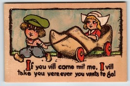 Dutch Boy Pulls Girl Postcard Comic Wooden Cart Shoe On Wheels TP &amp; Co. Unused - £6.00 GBP
