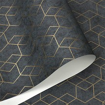 Peel And Stick Wallpaper Geometric Dark Grey Contact Paper Hexagon Gold Self - £35.65 GBP