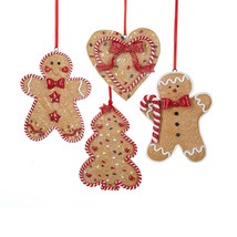 Kurt Adler Set Of 4 Claydough Gingerbread Christmas ORNAMENTS-MEN, Tree &amp; Heart - £11.96 GBP