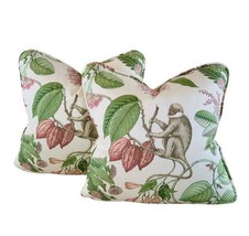 Pair Pillow Covers 22&quot; P Kaufmann Pink Green Botanical Jungle Monkey Tropical - £52.26 GBP