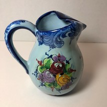Vestal Alcobaca Portugal Pottery 6&quot; Pitcher Hand Painted #1255 Blue with Flowers - £20.73 GBP