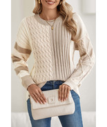 Khaki Cable Knit Colorblock Crew Neck Drop Shoulder Sweater - $40.23 CAD