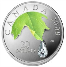 1 Oz Silver Coin 2008 $20 Canada Crystal Raindrop Swarovski Green Leaf - £101.83 GBP