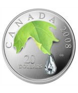 1 Oz Silver Coin 2008 $20 Canada Crystal Raindrop Swarovski Green Leaf - $127.40