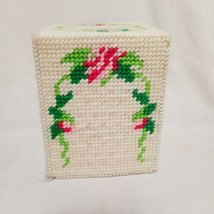 Tissue Box Cover Holder Plastic Flowers Vintage Handmade Needlepoint Finished 5&quot; - £12.64 GBP