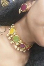 Indian Bollywood Multy Color Gold Plated Choker Necklace Earrings Jewelry Set - £43.92 GBP