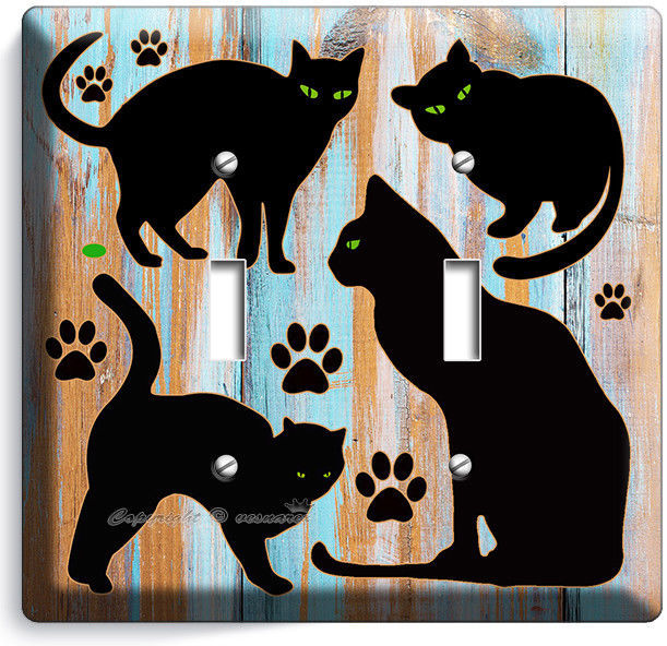 CUTE BLACK CATS RUSTIC PAINT WOOD DOUBLE LIGHT SWITCH WALL PLATE ROOM HOME DECOR