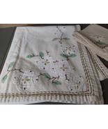 Hand Embroidered Linen Tablecloth 45x61 Applique Flowers 4 Napkins - $41.78