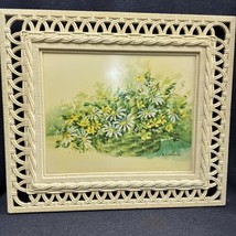 Homco Home Interiors Faux Bamboo Style Framed Art Daises Flowers Basket 18”x21” - £22.94 GBP