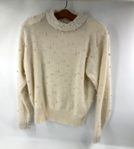Valerie Stevens Vintage Furblend Sweater Lambswool Angora Rabbit Ivory S Pearls - £70.10 GBP