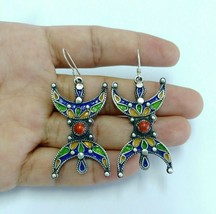 Kabyle Earrings Jewelry Handcrafted African Silver Enamel Coral Red 925 Berber - £62.27 GBP